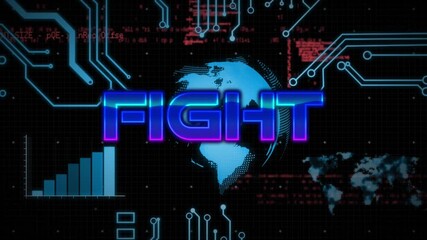 Animation of fight text over computer language, globe, graph and electronic circuit board pattern - Powered by Adobe