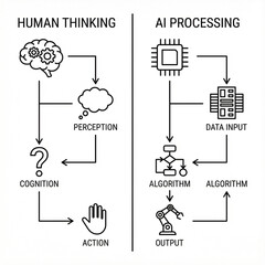 Human thinking vs AI processing diagram illustrating cognitive processes  