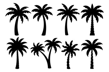Tropical coconut palm tree black silhouettes vector set