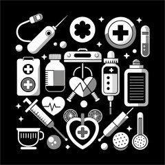 Flat Design Medical and Healthcare Icons Collection on Black Background