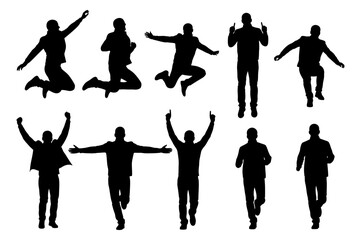 Happy men silhouettes set jumping running and celebrating