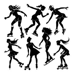 Dynamic Women Roller Skaters Silhouettes Set