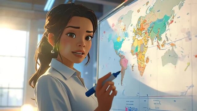 Teacher Explains World Map on Whiteboard in Classroom.