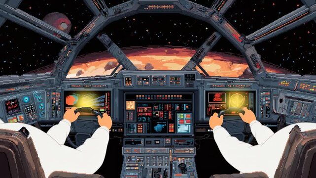 View from spacecraft cockpit with astronauts flying through space toward red planet with control panels