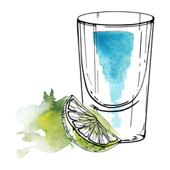 Electric blue, turquoise Kamikaze shot glass in crisp watercolor transparency, lime wedge accent. Isolated hand drawn ink and watercolor illustration. Perfect for summer menus or minimalist drink art. © Elena