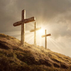 Three Crosses on Hill in Divine Light &ndash; AI Generative