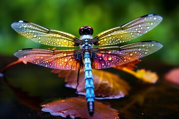 Dragonfly resting on autumn leaves covered in water droplets with a green background