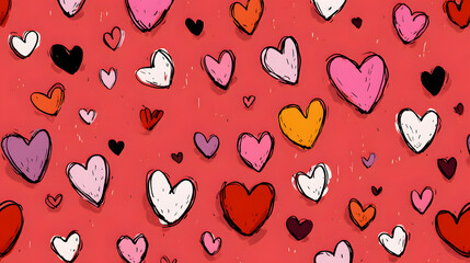 Hand Drawn Heart Doodle Seamless Pattern on Red Background

