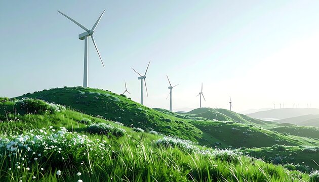 Lush green rolling hills dotted with modern wind turbines under a bright sky, showcasing sustainable energy generation in a scenic landscape
