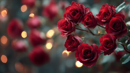 Beautiful Red Roses in Bloom with Warm Golden Bokeh Lights Background