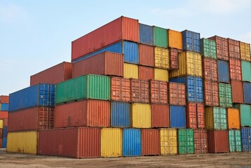 Fototapeta premium photorealistic banner concept of neatly stacked plain cargo containers in organized warehouse. ideal for use in logistics, shipping, and storage-themed promotional materials.