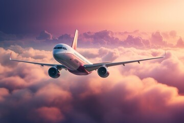 Passenger airplane soaring above soft clouds during a colorful sunset, symbolizing travel and adventure
