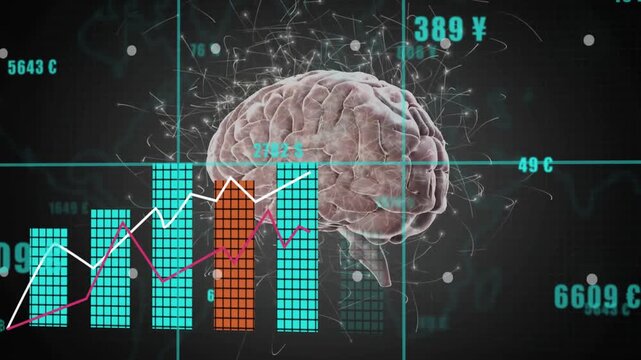 Animation of brain with data charts and currency symbols for financial analysis