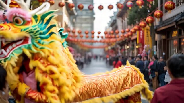 Vibrant dragon dancer performs in crowded street festival
