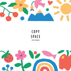 Spring greeting card template with childlike naive doodles, vector flat cartoon illustration. Flowers, sun, rainbow symbols for holidays, invitations, kids design with copy space