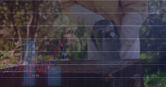 Analyzing financial graphs, beekeeper working with hive in animation scene