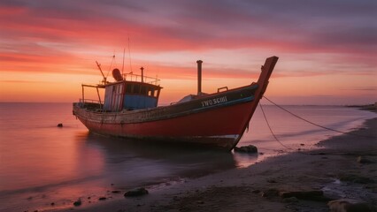 Fototapeta premium A red-and-blue fishing boat is moored on the beach; the sea and sky are tinted by pink-orange sunset glow, with soft light and shadow, showing the quiet atmosphere of the coastal dusk. 
