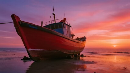 Fototapeta premium A red-and-blue fishing boat is moored on the beach; the sea and sky are tinted by pink-orange sunset glow, with soft light and shadow, showing the quiet atmosphere of the coastal dusk. 
