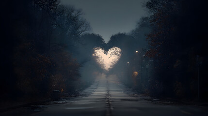 Moody Foggy Road at Night with Trees Forming a Heart Shape Arch