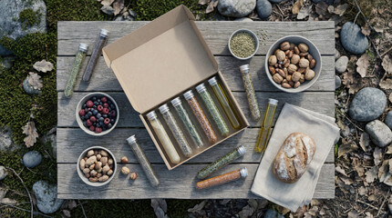 Spices, Nuts, Berries and Fresh Bread on a Wooden Table