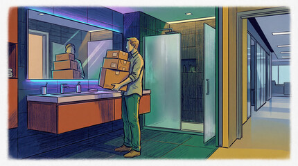 Man Carrying Boxes in Modern Bathroom