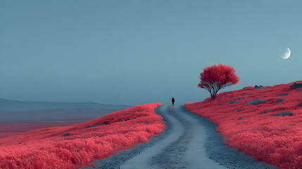 Silhouette of Person Walking on Winding Road Through Vibrant Red Hills