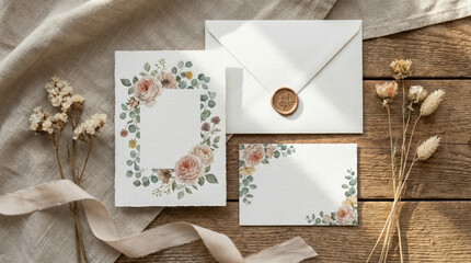 Elegant Wedding Invitations with Floral Design on Wooden Table