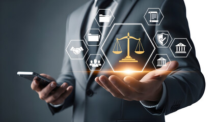 Law and justice concept with man holding mobile phone