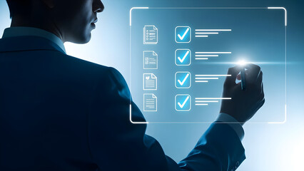 Businessman interacting with virtual checklist interface