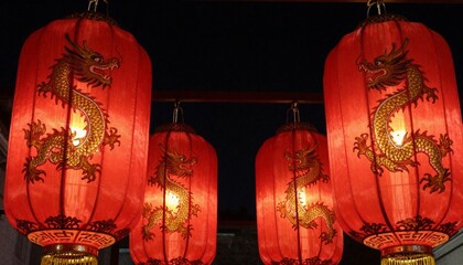 Glowing red chinese lanterns with dragon patterns hanging on traditional chinese pagoda roof - Chinese New Year decoration, Lunar celebration, spring festival, travel, luck, prosperity 