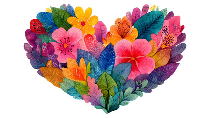 Heart shape made of colorful spring flowers and green leaves isolated on white background.

