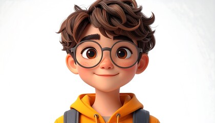 Animated boy with glasses, smiling and wearing a yellow hoodie