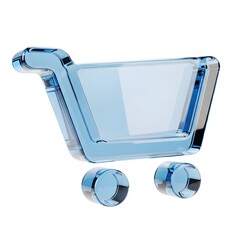 3D Rendering of Blue Glass Shopping Cart, E-commerce Icon, Online Store Symbol, Retail Basket Element, Transparent Buy Trolley, Market Purchase
