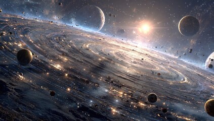 Fototapeta premium Cosmic chaos. Spiral galaxy exploding with planets and debris