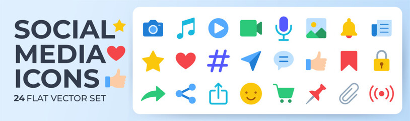 Social media flat icon set. Camera, star, chat bubble, heart, notification bell, shopping cart colorful vector illustrations. Vibrant solid shapes for mobile app ui and internet sns communication