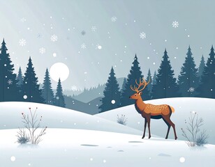 Animated deer stands in a snowy forest, falling snow and trees