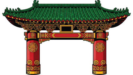 Vector illustration of a classic Chinese gate with thick pillars and gold accents