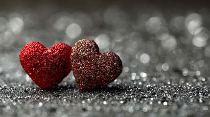 Two shimmering red glitter hearts on a sparkling bokeh background for Valentine's Day.
