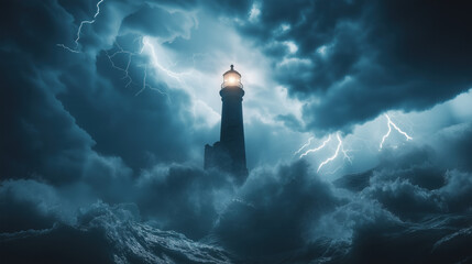 Lighthouse Beacon Shining Through a Violent Storm at Sea