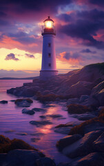 Lighthouse Beacon Shining Through a Violent Storm at Sea