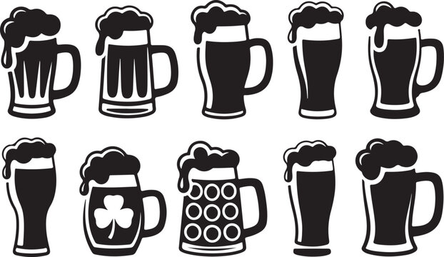 Assortment of Black Beer Mug and Glass Silhouettes with Foam beer glass pint glass