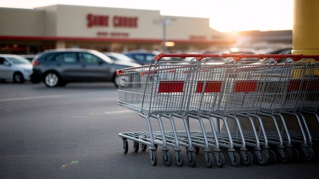Row of empty shopping carts lined up in a parking lot outside a retail store with cars parked in the background at sunset with consumerism and commerce and industry