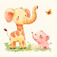 Cute cartoon giraffe and elephant