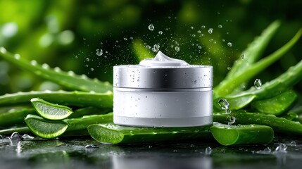 Aloe vera cream sits on green leaves with water droplets around it in bright light during the day