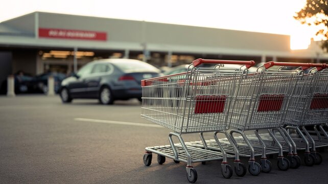 Row of empty shopping carts outside a supermarket store with cars parked in the lot on a bright day with retail and parking lot and commerce and consumerism and daily life
