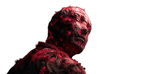 Abstract human form covered in dark, textured material with glowing red particles, representing transformation or decay