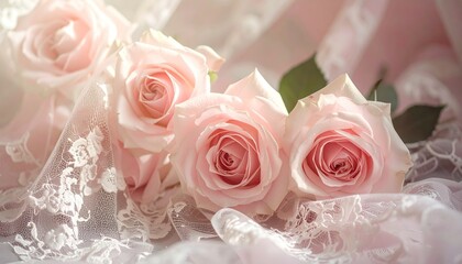 Fototapeta premium Elegant pink roses with delicate lace, a romantic floral arrangement.