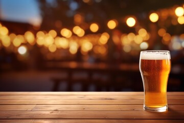 Beer glass standing on a wooden bar counter in a pub environment during evening
