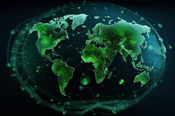 Earth map illustrating a connected world network with glowing green nodes and lines