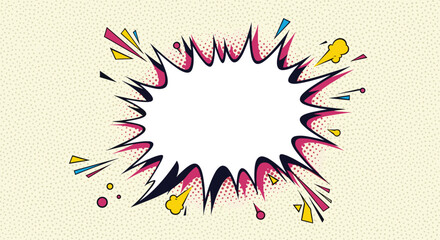 Fototapeta premium High-impact explosion or boom speech bubble with jagged edges and colorful comic book style design elements and dots.